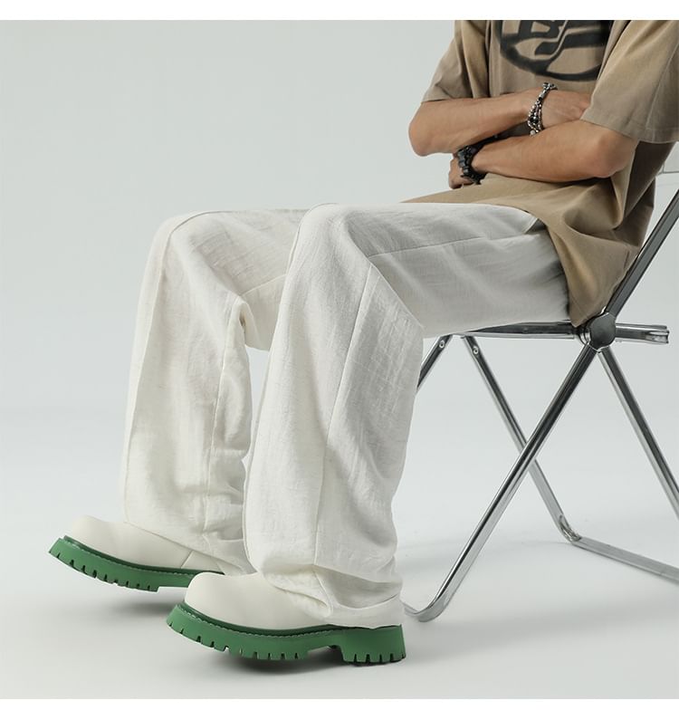 POSI - Effen broek met wijde pijpen en trekkoord in de taille