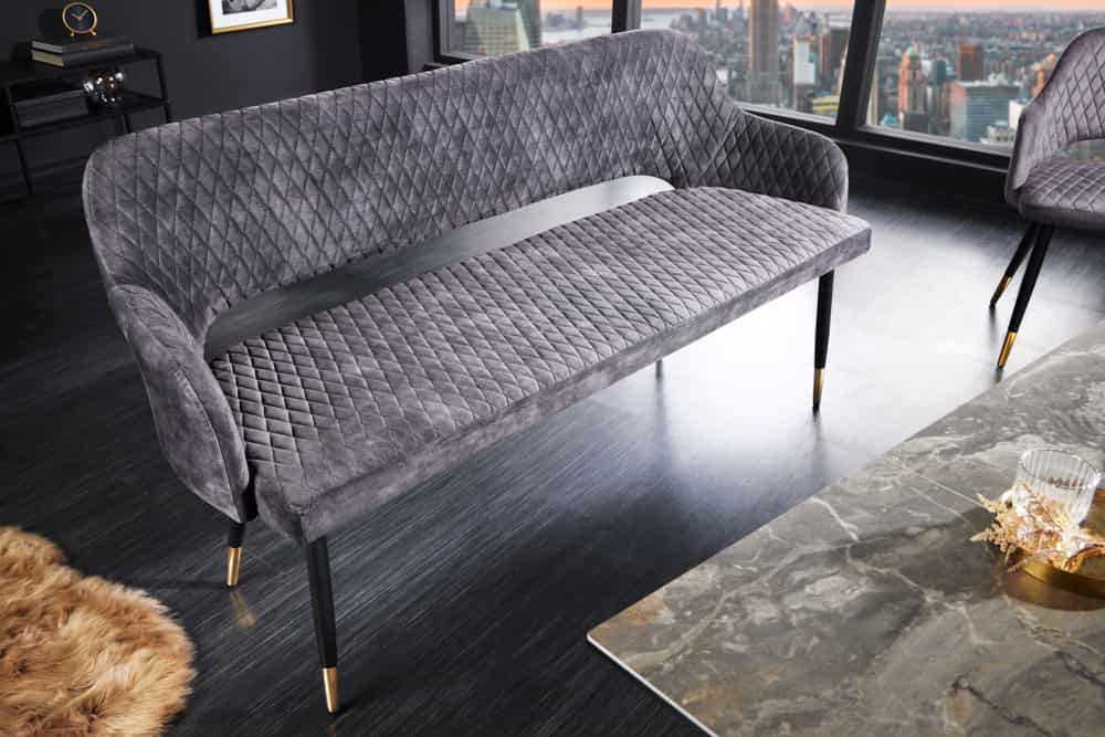 Design Sitzbank PARIS 160cm grau Samt Rückenlehne goldene Fußkappen Retro