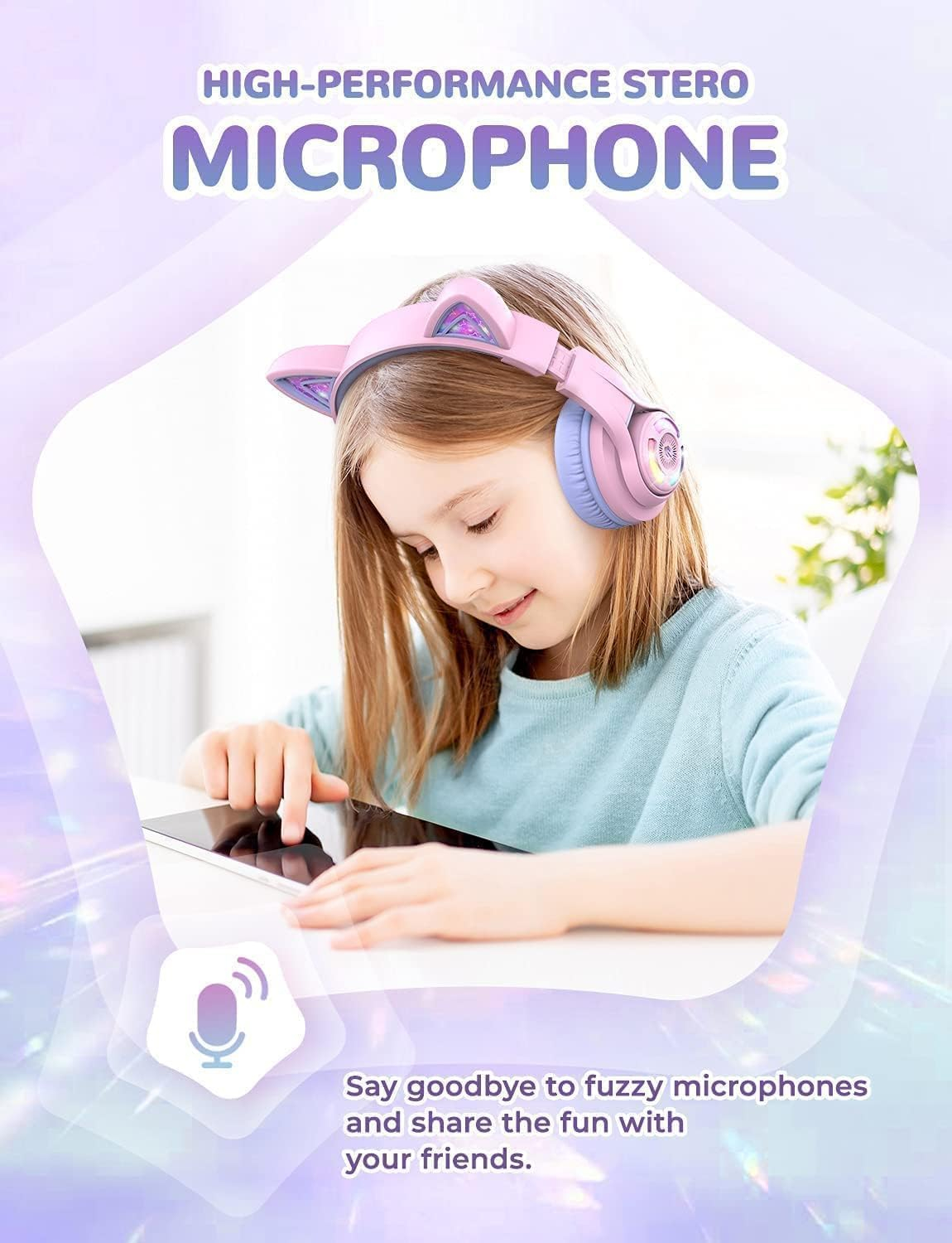 BTH13 Headphone Kids BT LED Bluetooth Kopfhörer Over-Ear 74/85dB Lautstärkeeinstellungen mit Katzenohren (C04-2083N-15) - Rosa / Violett