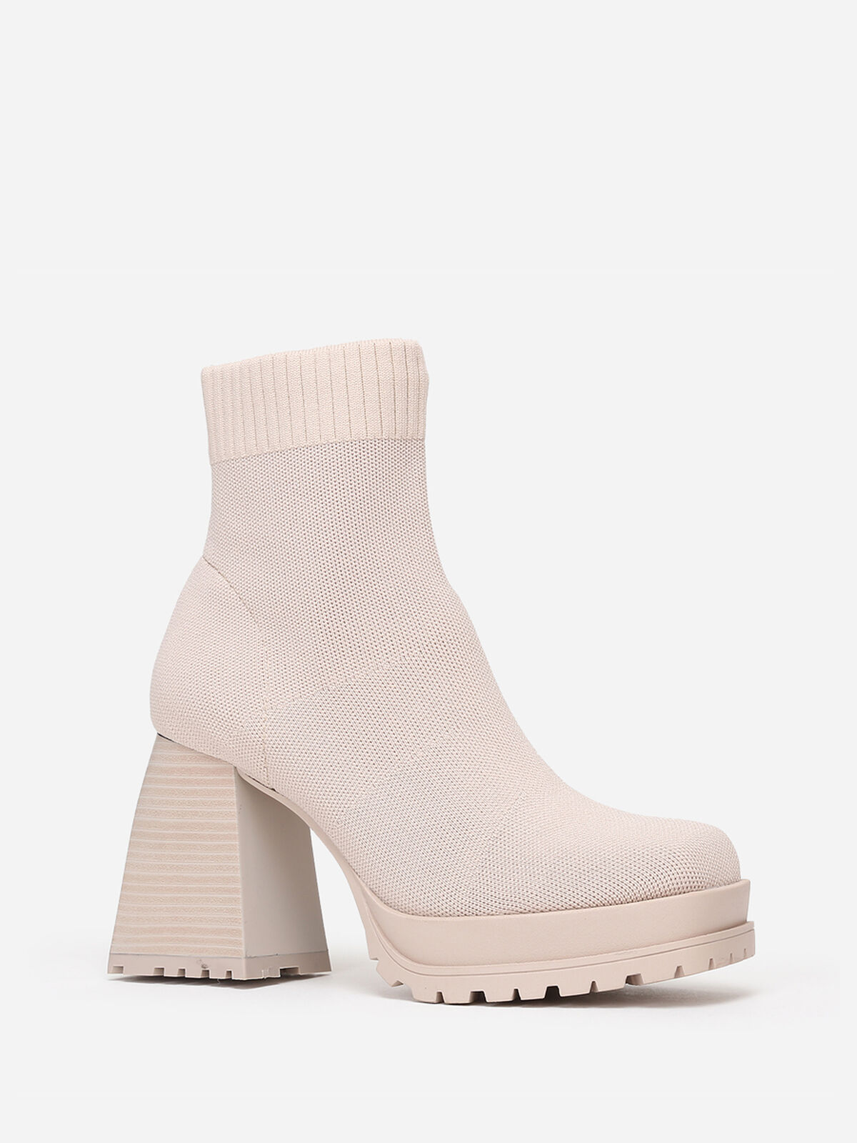 Bottines chaussettes à talon trapèze- Beige