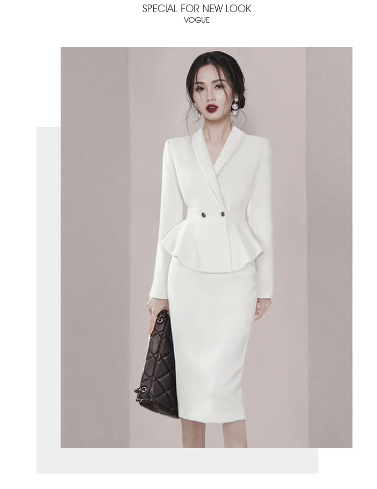 palajana - Set: Sjaalrevers effen dubbelrijs blazer + Midi-kokerrok met middelhoge taille