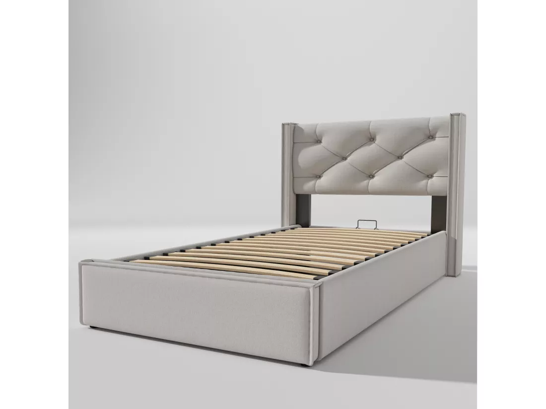 Lit coffre capitonné 90x200cm en tissu coton - avec sommier à lattes - Gris Clair