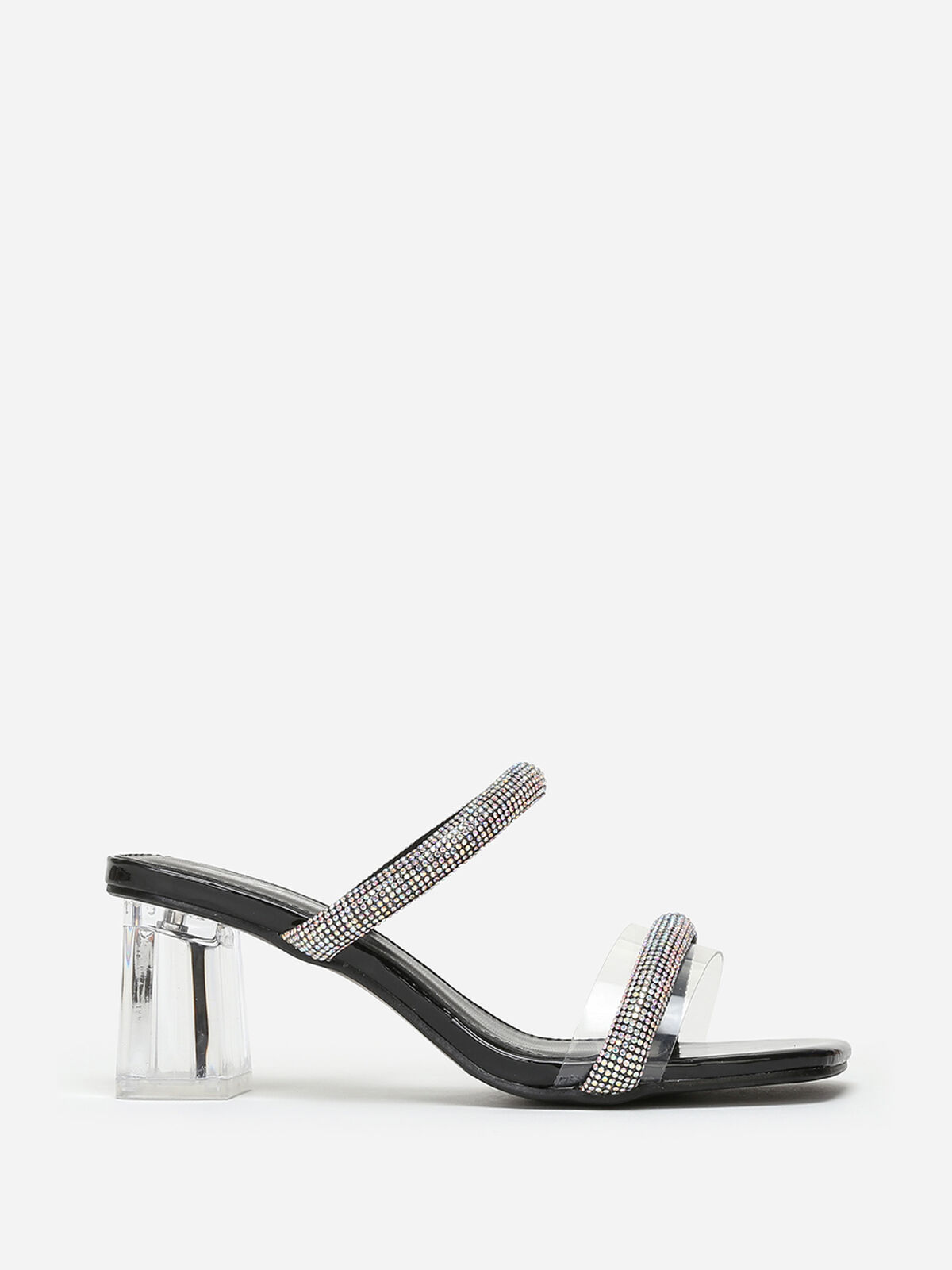 Mules à talon transparent et strass- Noir
