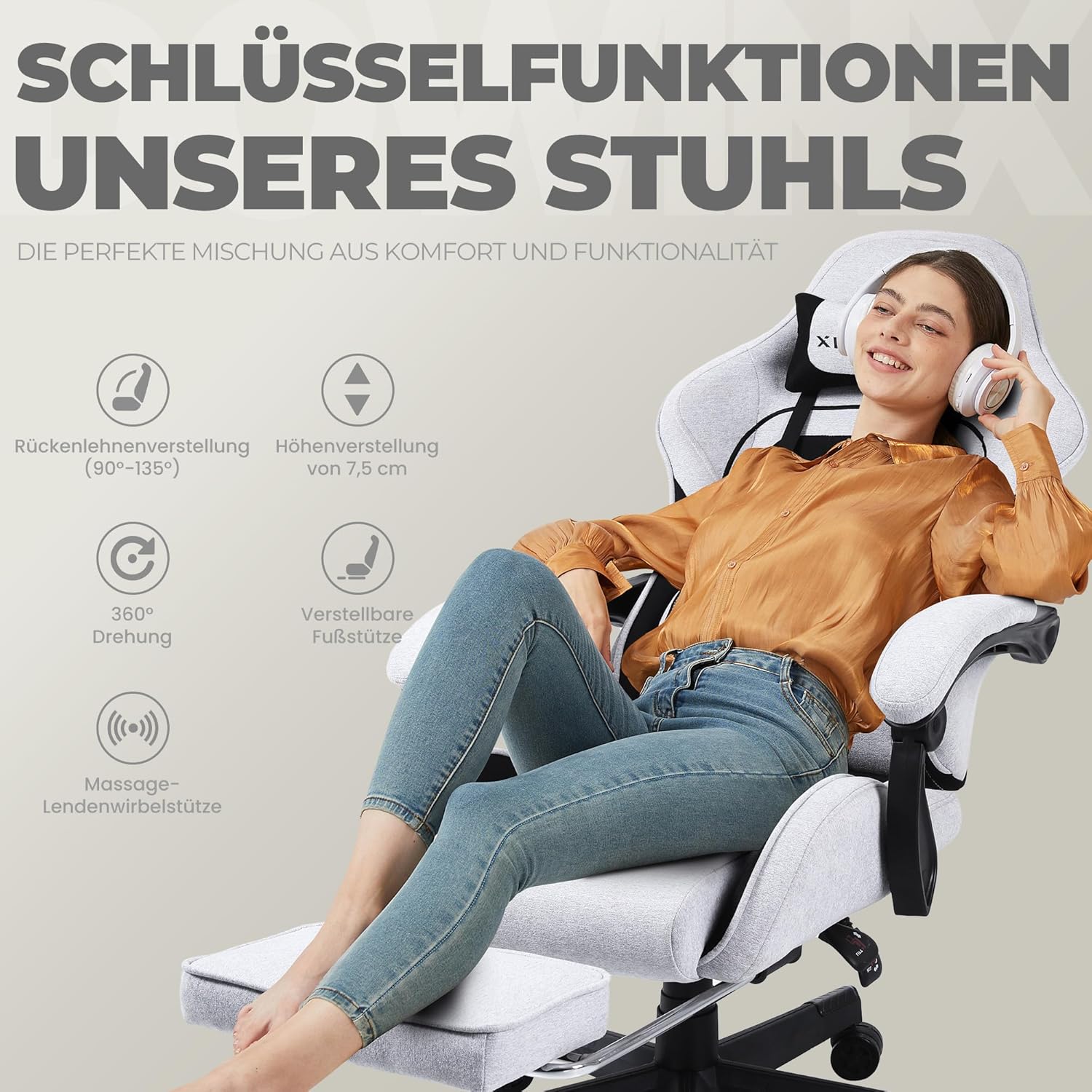Dowinx Gaming Stuhl Bürostuhl Stoff Tasche Frühling Kissen, Massage Gamer Stuhl Stoff mit Kopfstütze, Ergonomische Bürostuhl mit Fußstütze (Schwarz Grau)