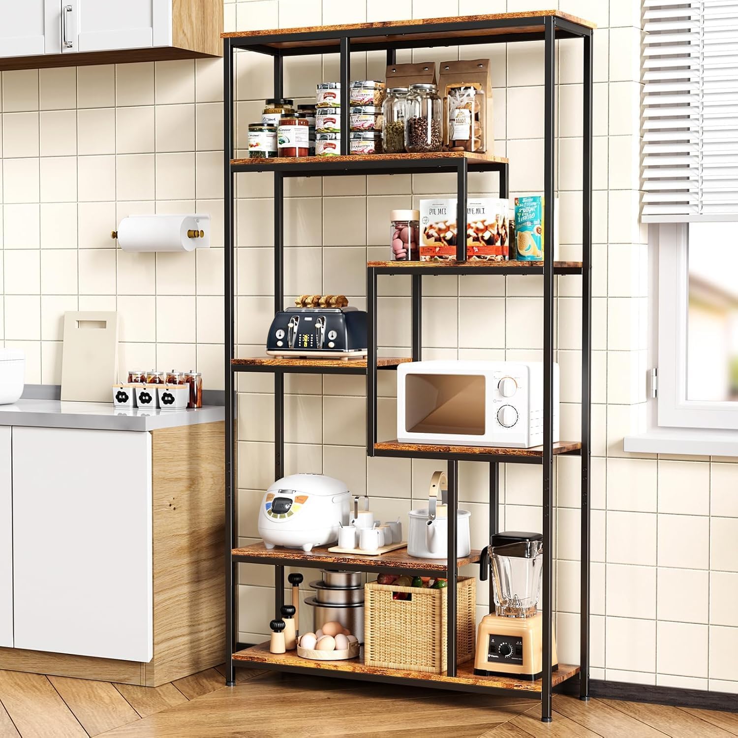 Bealife Bücherregal, 5-stöckiges Versetztes Bücherregal. Offenes Freistehendes Regal für Wohnzimmer, Industriedesign, 98 x 30 x 180 cm, Büro, Arbeitszimmer, Retro OR4751734