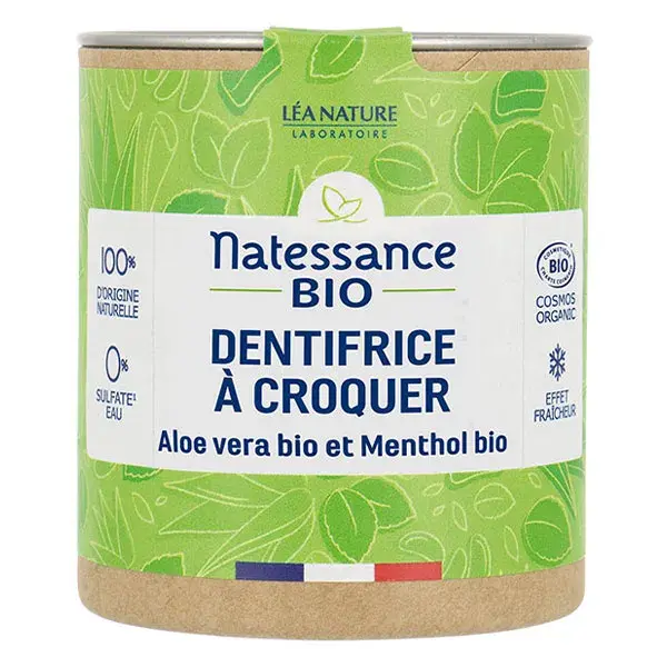 Pasta de dente mastigável orgânica Natessance Natural com Aloe Vera e Mentol, 80 comprimidos.