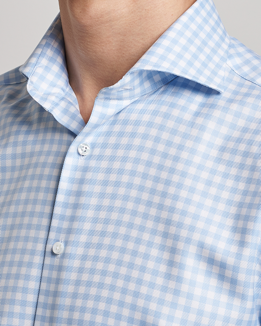 Stenströms Fitted Body Checked Cut Away Shirt Light Blue
