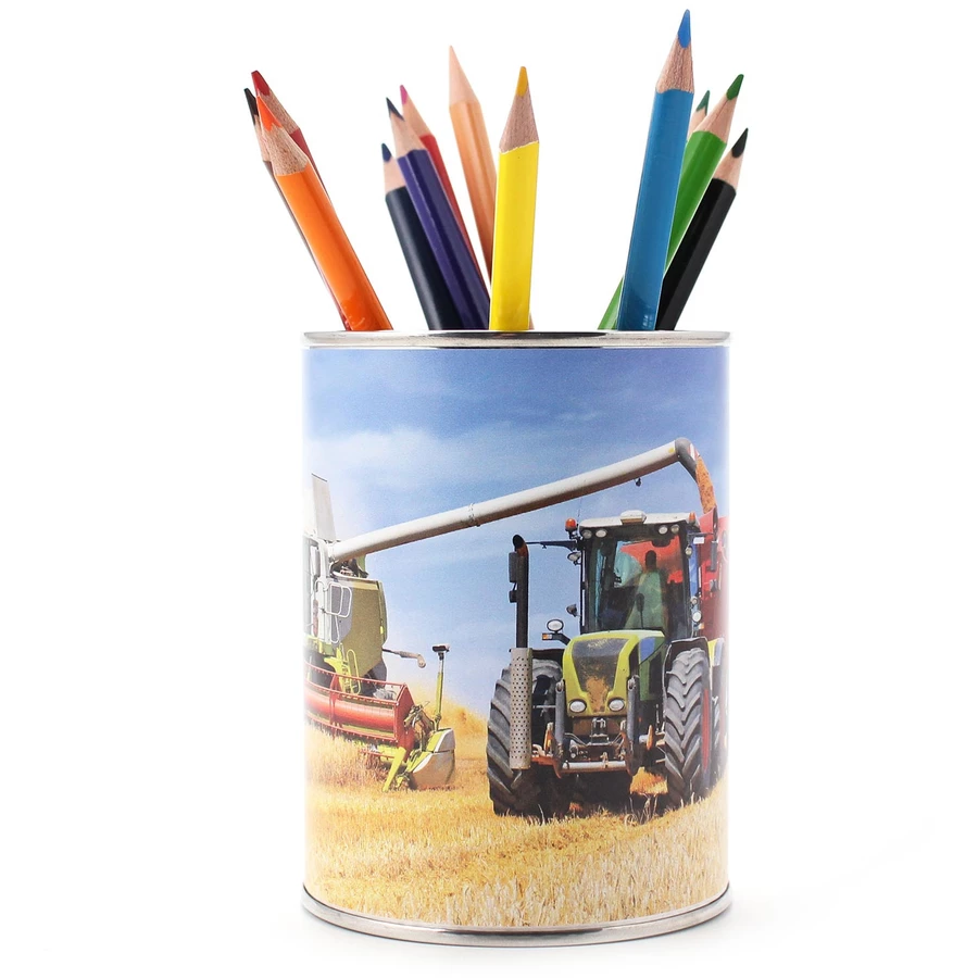 Nikima Stiftebecher Mähdrescher mit Traktor inkl. 12 Dreikant Buntstiften Stifteköcher bunt