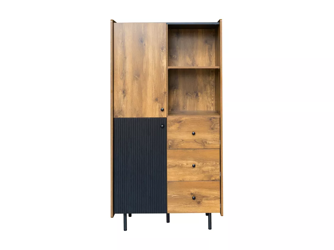 Vitrine H 160cm - avec 2 portes、3 tiroirs et 2 compartiments - Noir & Naturel