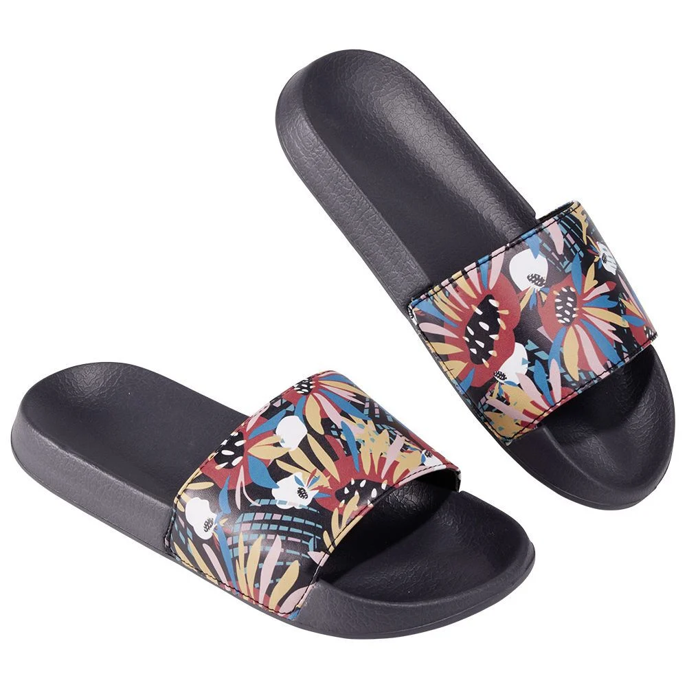 Sandales claquettes plastique noir motif feuillage multicolore 36/37