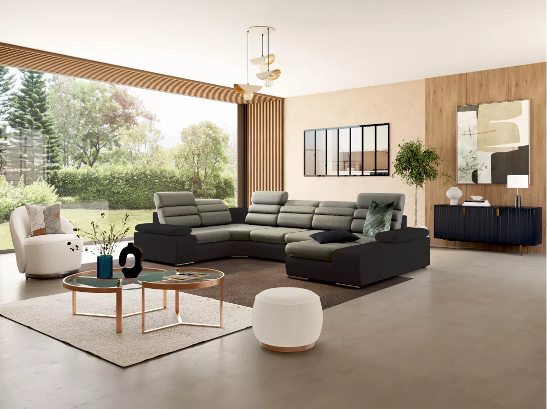 Canapé d'angle panoramique convertible en tissu et simili BOILEAU - Bicolore beige/marron - Angle droit