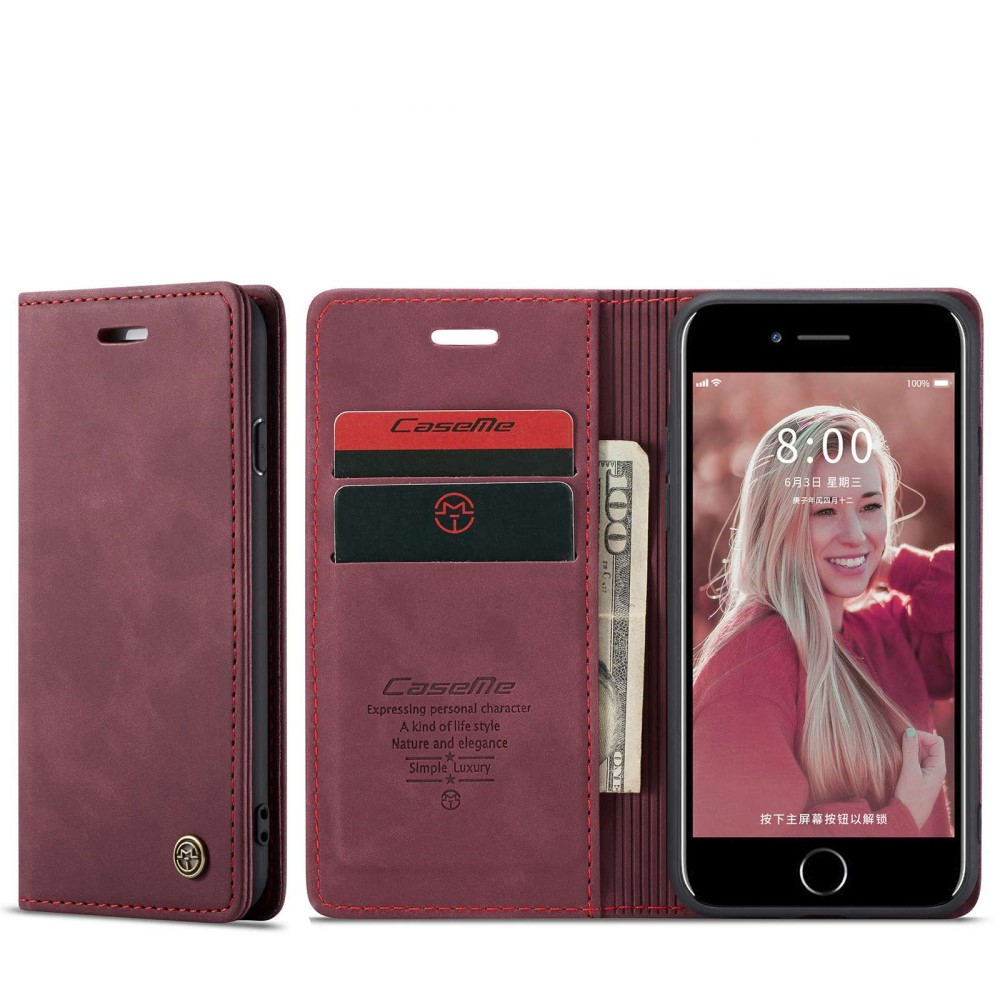 iPhone SE (2022/2020) / 8 / 7 / 6S Leder Tasche Flip Wallet Etui mit Kartenfächern - Dunkelrot