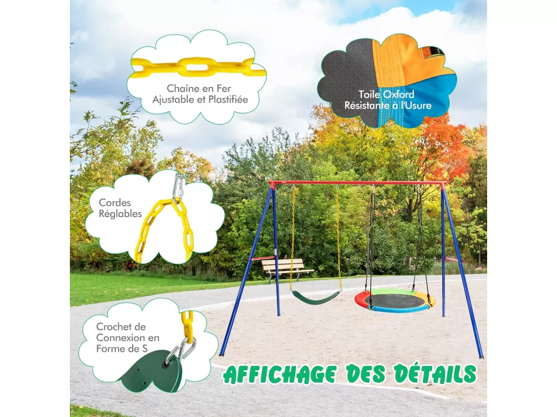 Balançoire Nid d'Oiseau Ø1m et Balançoire Ceinture 1,2m avec Cordes Réglables, 2 Façons de Suspendre, Charge Maximum 150kg