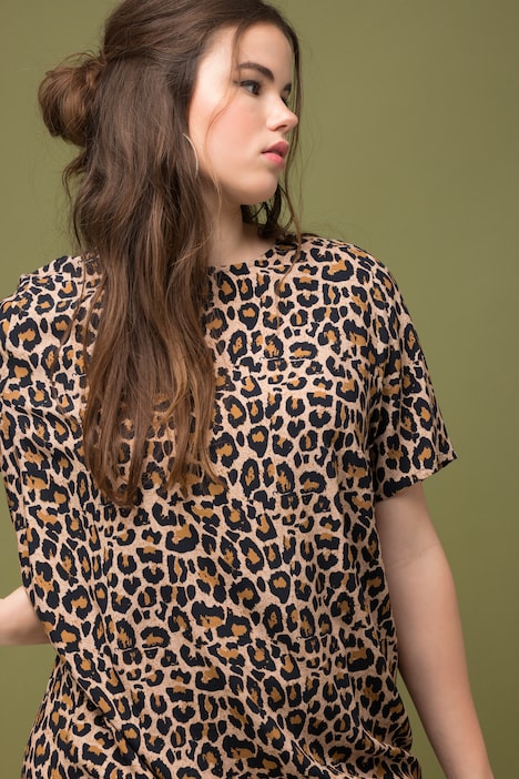 Minikleid, Loose Shape, Leo-Print, Rundhals, Halbarm