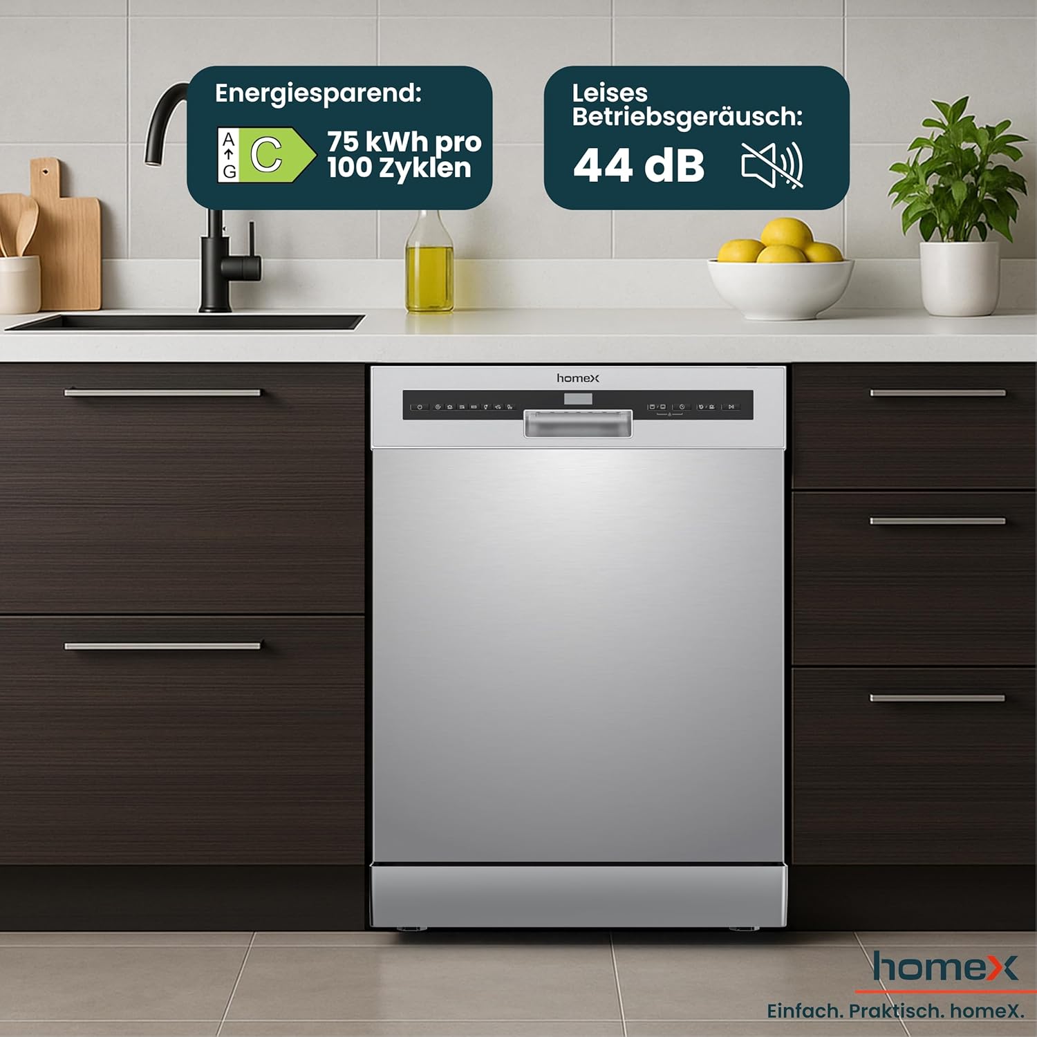 homeX Geschirrspüler 60 cm, Spülmaschine freistehend - 14 Maßgedecke, 7 Programme, AquaStop, Besteckschublade, 44 dB, Startvorwahl, Überlaufschutz, Automatische Türöffnung, Unterbaufähig, Silber