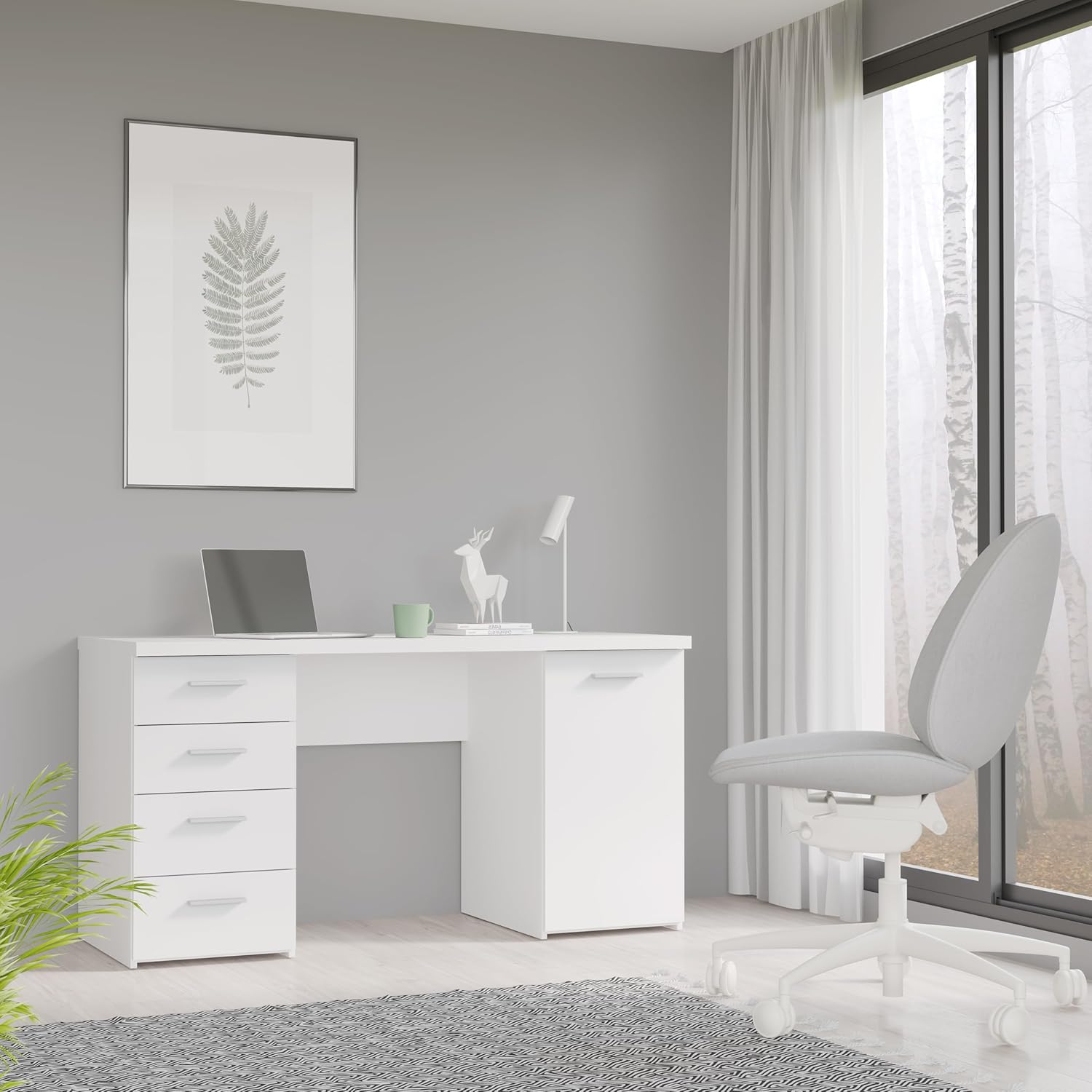 FORTE Net106 Schreibtisch mit 4 Schubladen und 1 Tür, Holzwerkstoff, Weiß matt, 145 x 60 x 76.3 cm