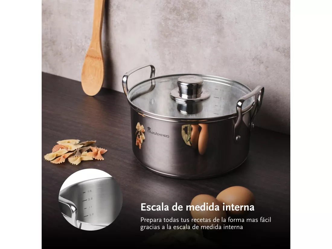 Set de 3 Casseroles en Inox avec Couvercles Ø20Ø24Ø28cm et 3 Ustensiles de Cuisine MasterPRO