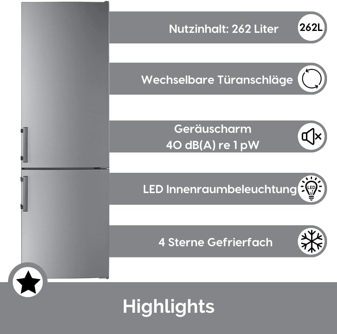 WOLKENSTEIN KGK280D Stand Kühl-Gefrierkombination | Inox Design | 180x55cm | 191L Kühlen+71L Gefrieren | Leiser Betrieb 40dB | Energieverbrauch 168kWh/Jahr | Silber