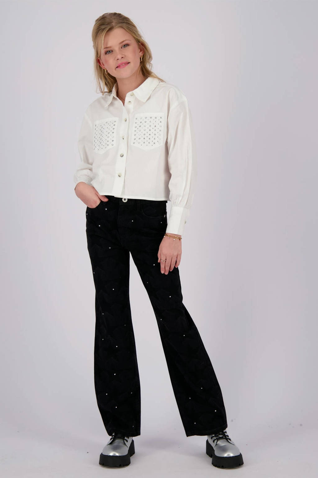 Vingino high waist wide leg jeans Cato Star met all over print washed black