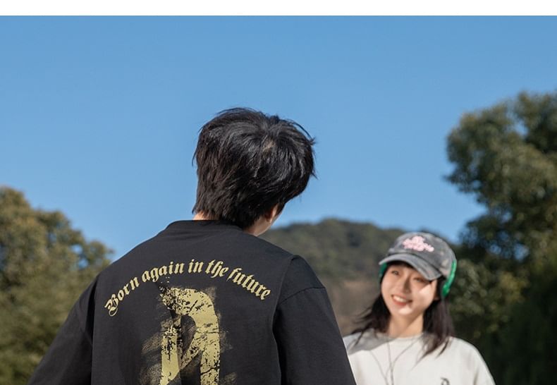 Really Point - Koppel bijpassende korte mouwen ronde hals drop schouder letters print oversized T-shirt