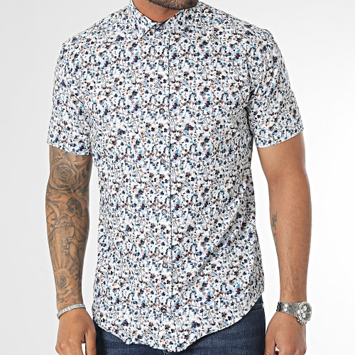 Chemise Manches Courtes Blanc Bleu Clair Floral