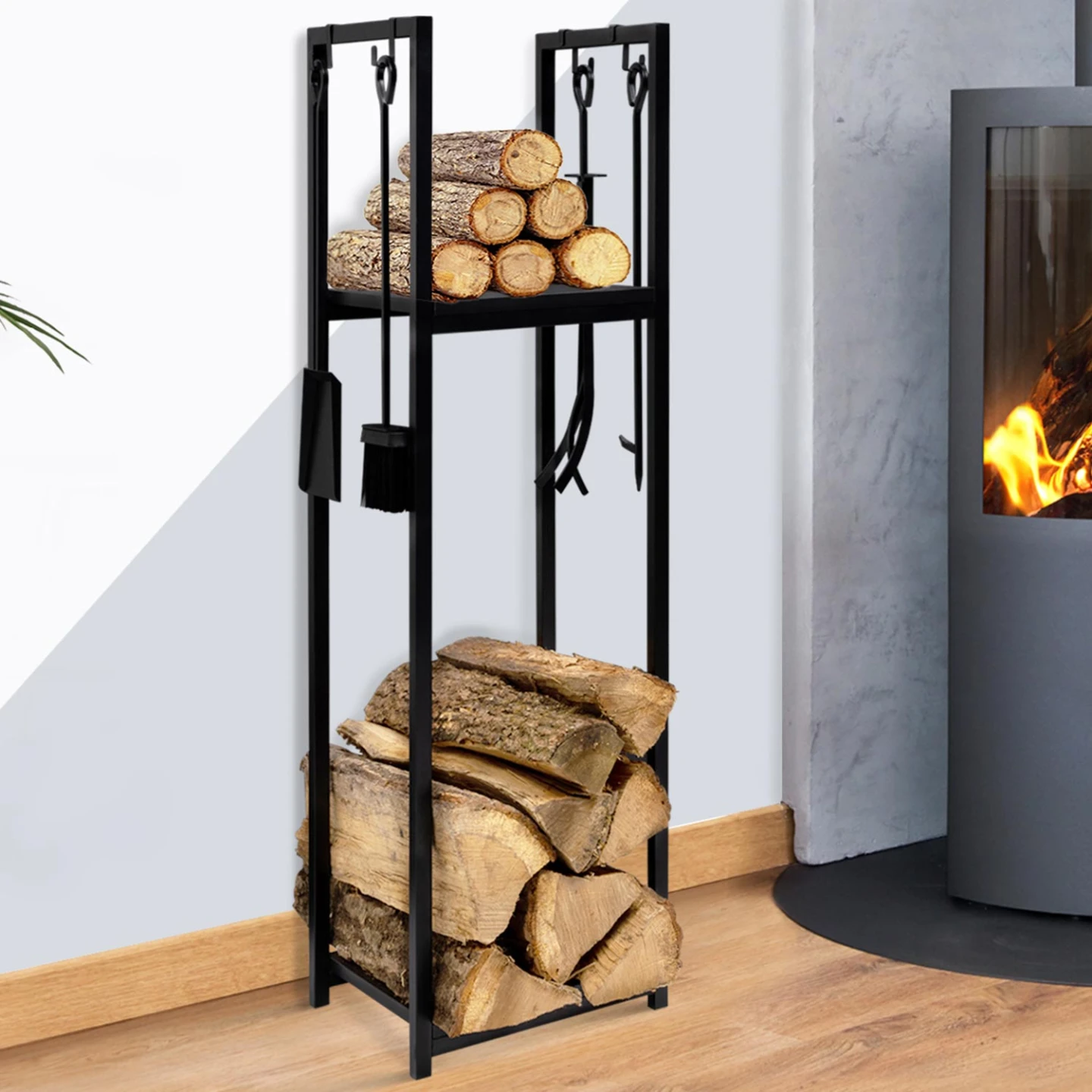 Range bûches vertical acier noir avec accessoires et 1 étagère H.112 CM