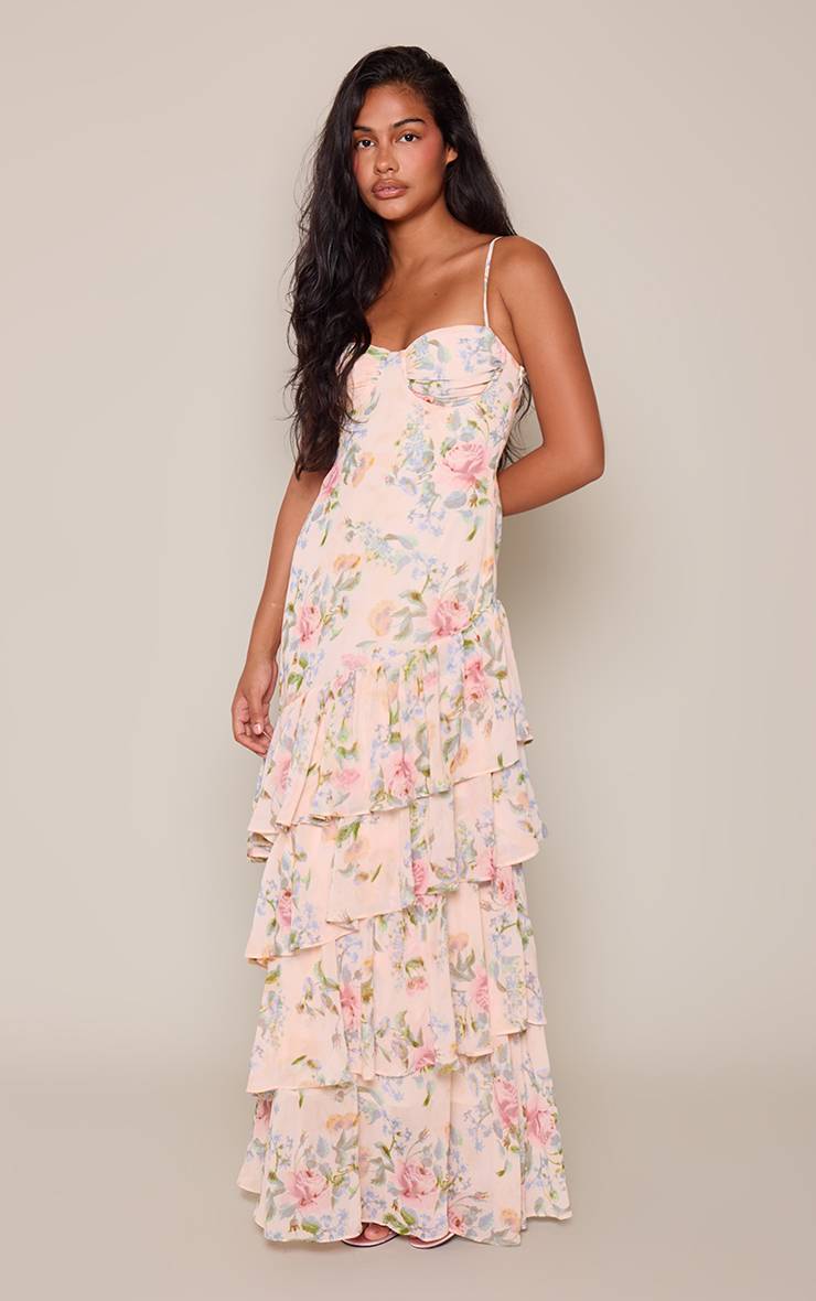 Crème Robe Maxi En Mousseline À Imprimé Floral Avec Ourlet À Volants