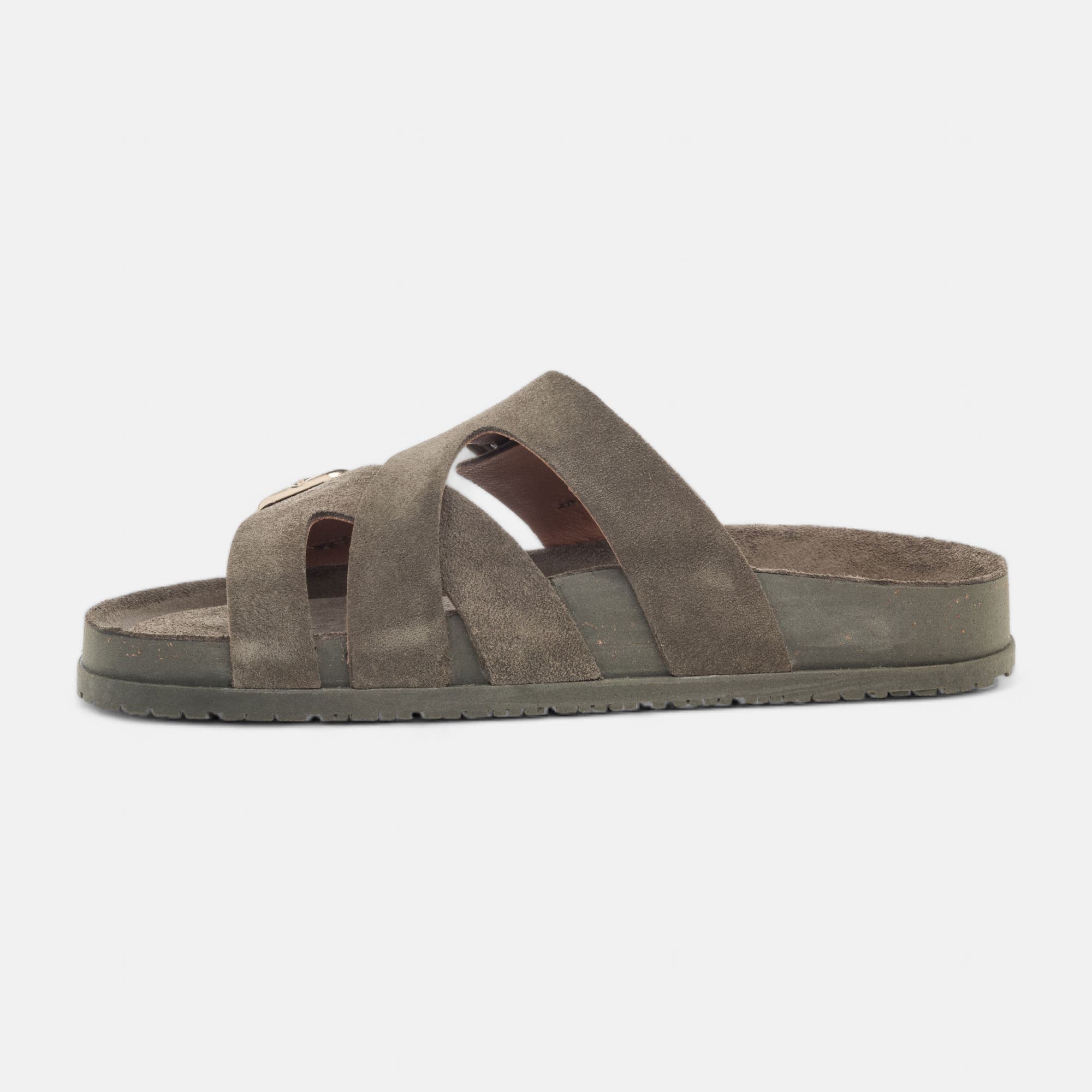 Mules semelle liège Femme en cuir kaki