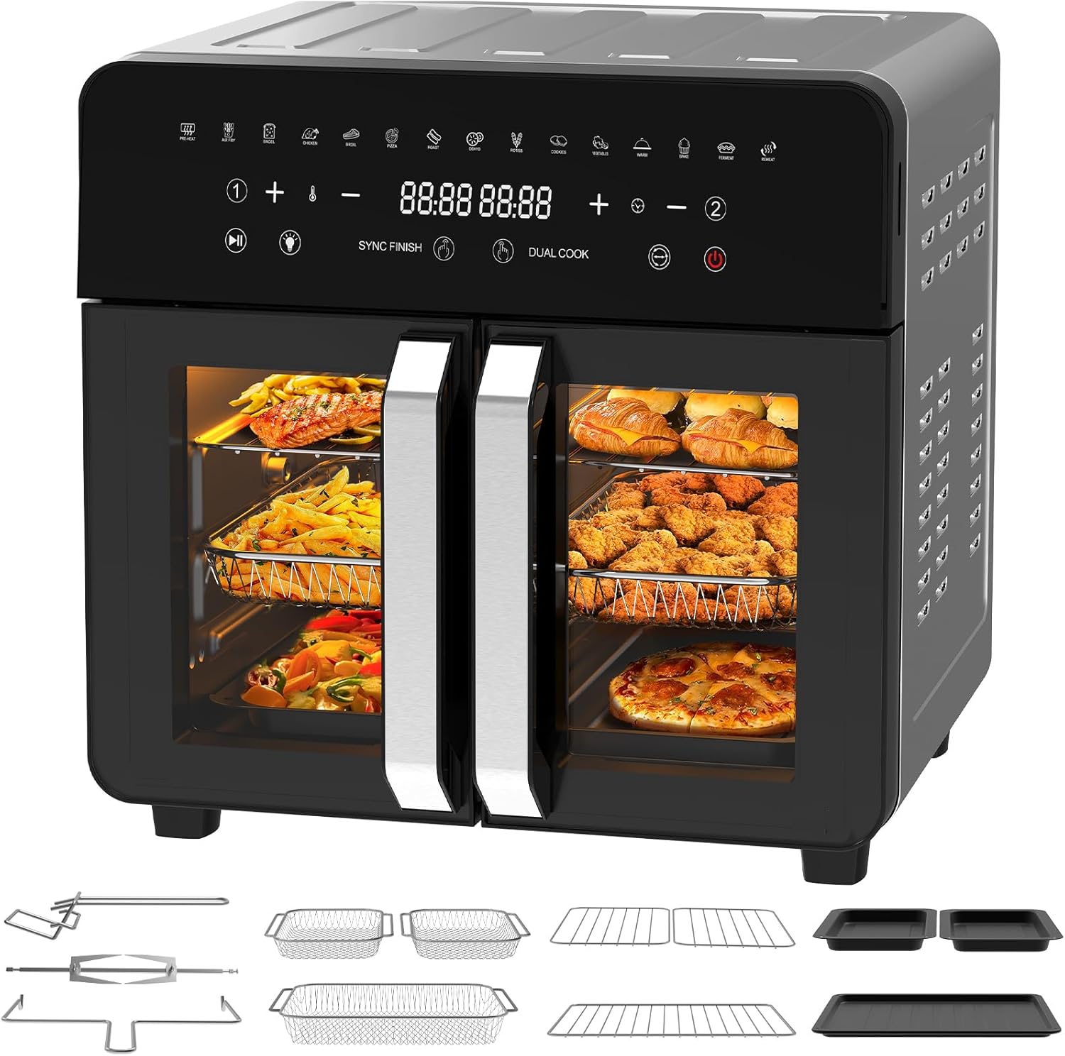 Heißluftfritteuse Dual Zone 23L - XXL Airfryer mit herausnehmbarem Trenner, Heissluftfritteuse mit French Door, 15 Programme, Großes Fenster, 5 Sets Zubehör, Rezepte