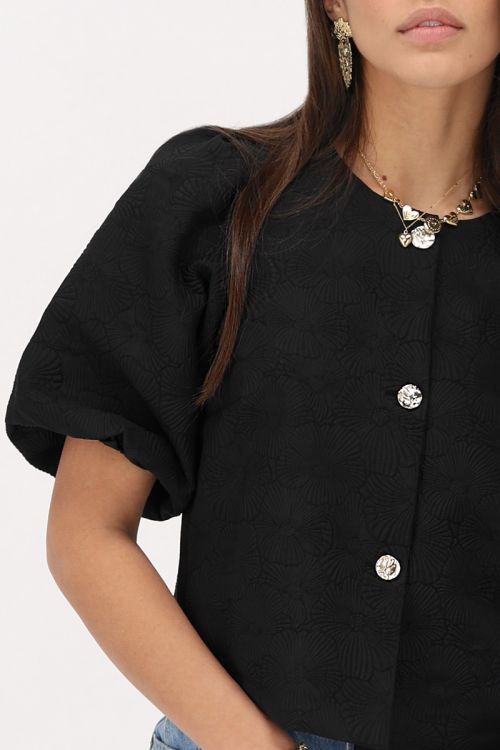 Zwarte jacquard top met pofmouwen