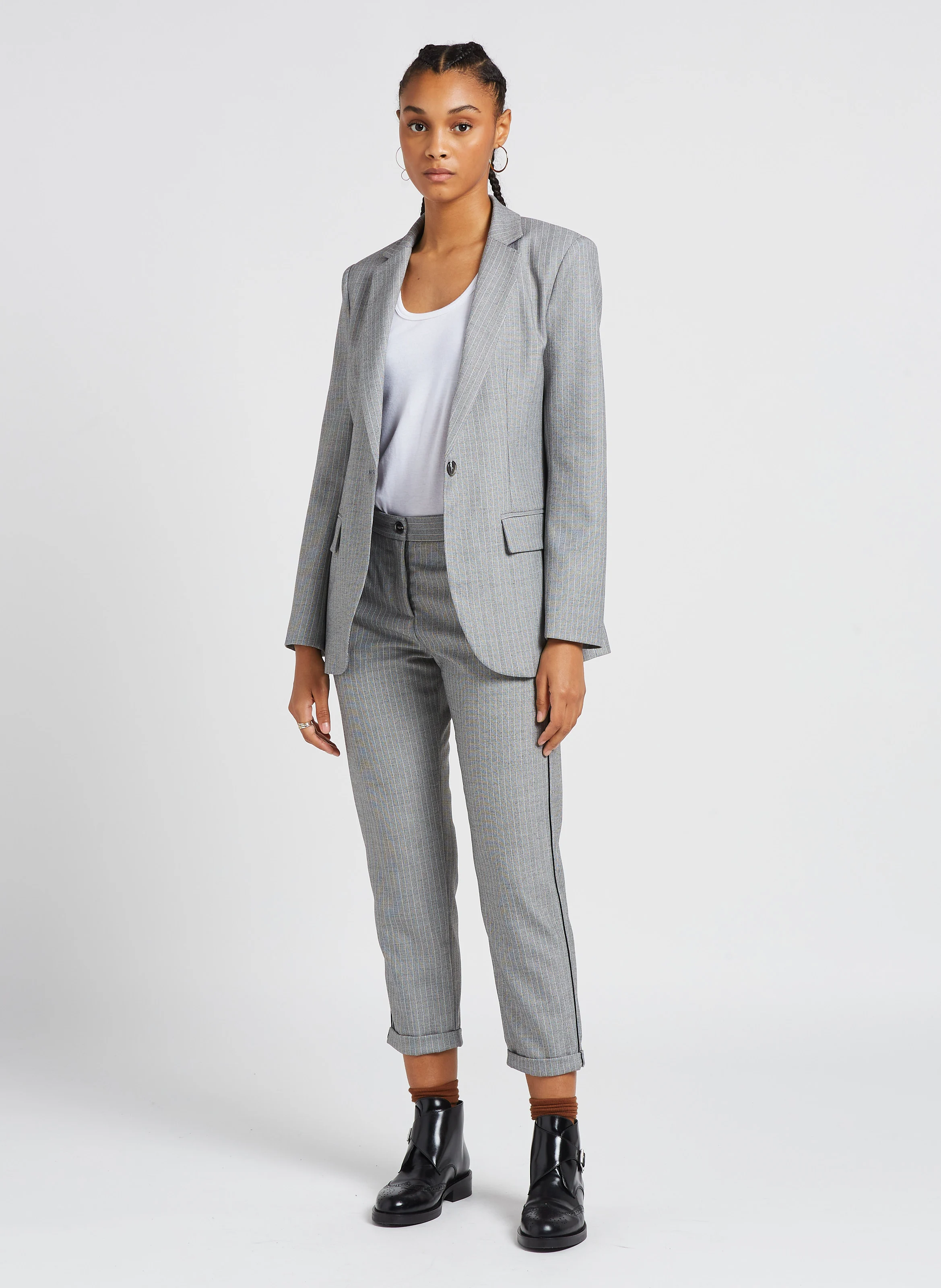 Pantalon droit taille haute à rayures | Noir