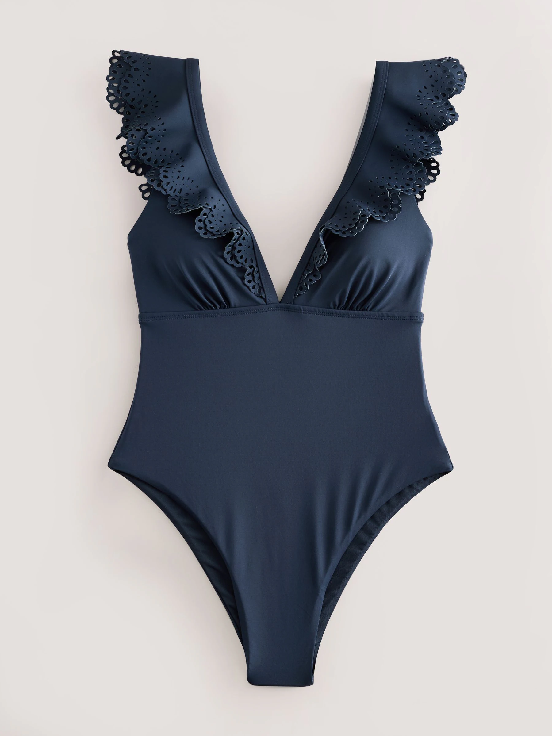 Marineblauw - Plunge Frill Laser Cut Tummy Control Zwempak