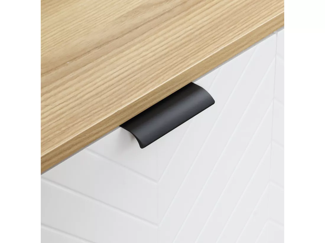 Buffet design scandinave 4 portes 2 étagères piètement bois de pin panneaux portes motif chevrons blanc aspect bois clair