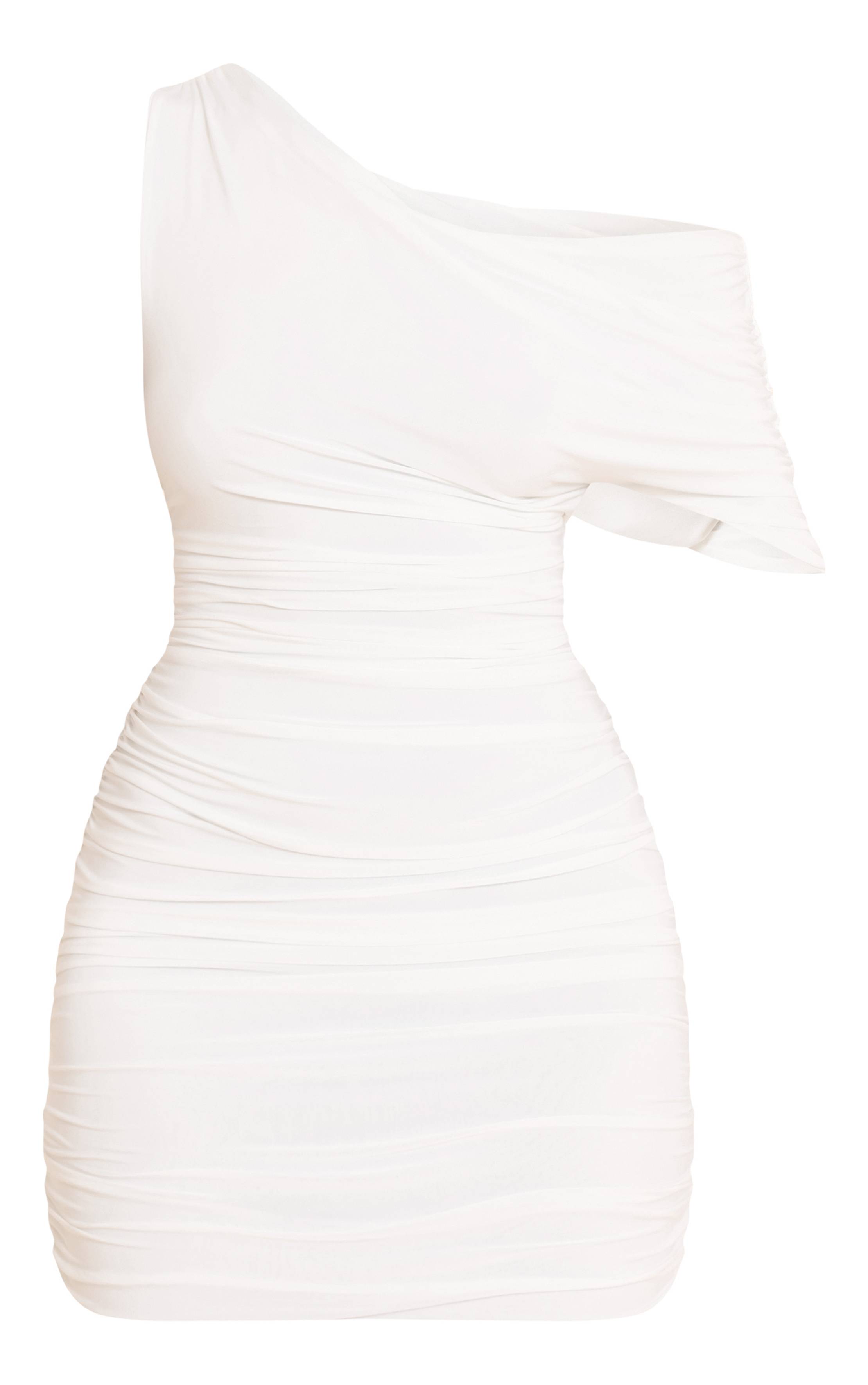 Blanc Robe Mini Drapée À Détails Froncés En Tissu Slinky Double Épaisseur