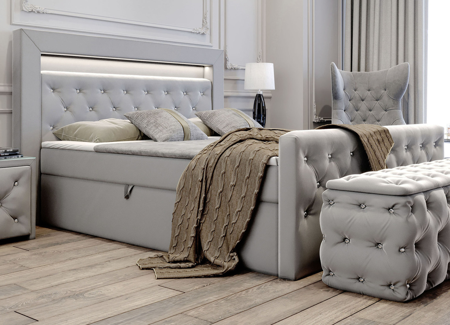 Boxspringbett mit LED-Beleuchtung und Topper