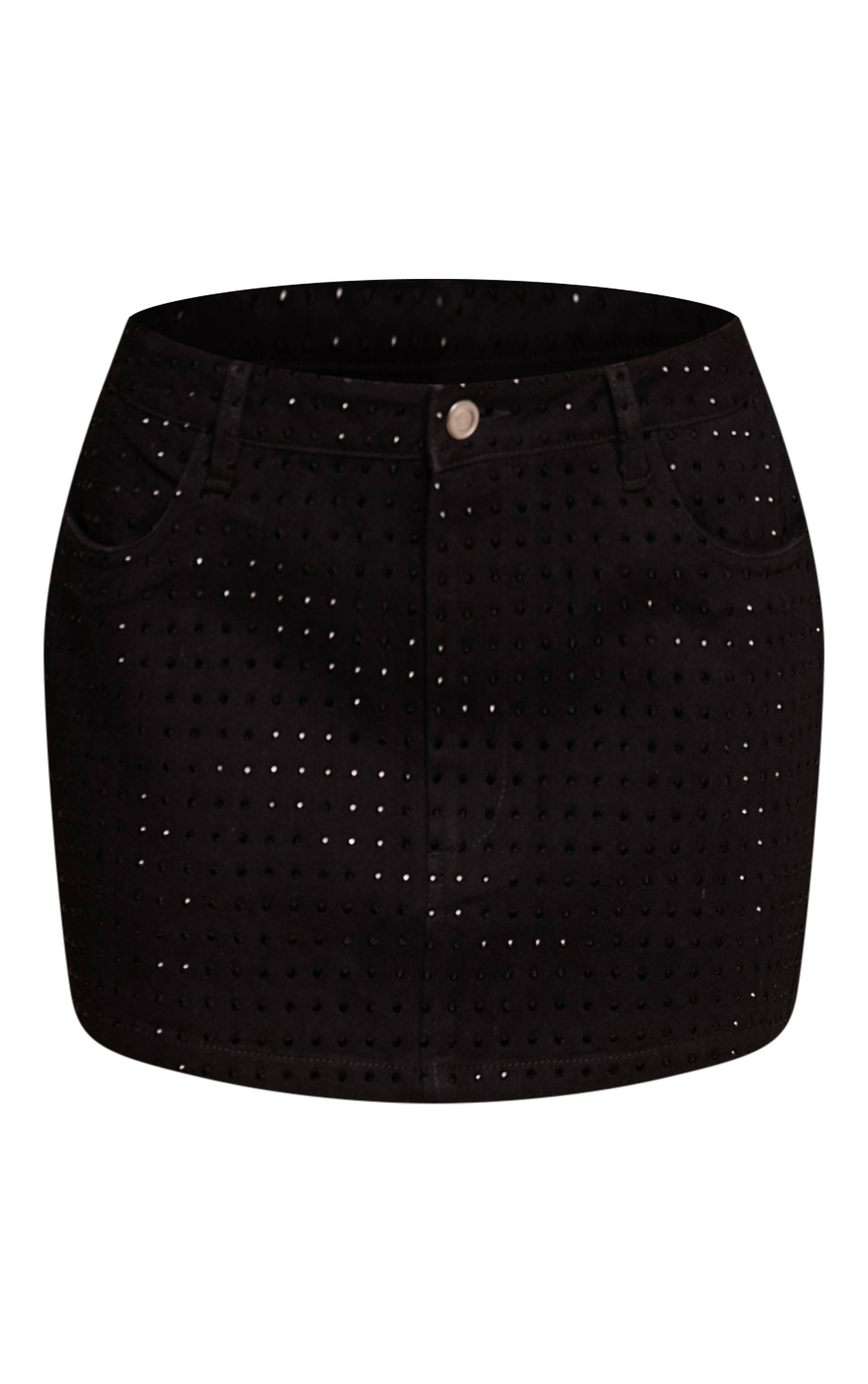 Noir Jupe En Jean Micro Mini Taille Mi-haute Avec Ornements Hotfix
