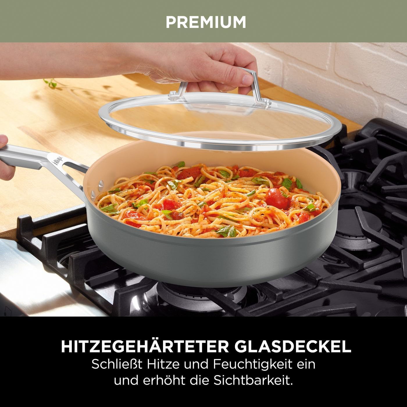 Ninja Extended Life Keramic Kochset 5-teilig (20 & 24 cm Sauteuse + 16, 18 & 20 cm Töpfe & Deckel), Antihaftbeschichtet (ohne PFAs, PFOAs, Blei, Cadmium), Backofenfest, Grau & Terracotta CW95000EUUKDB