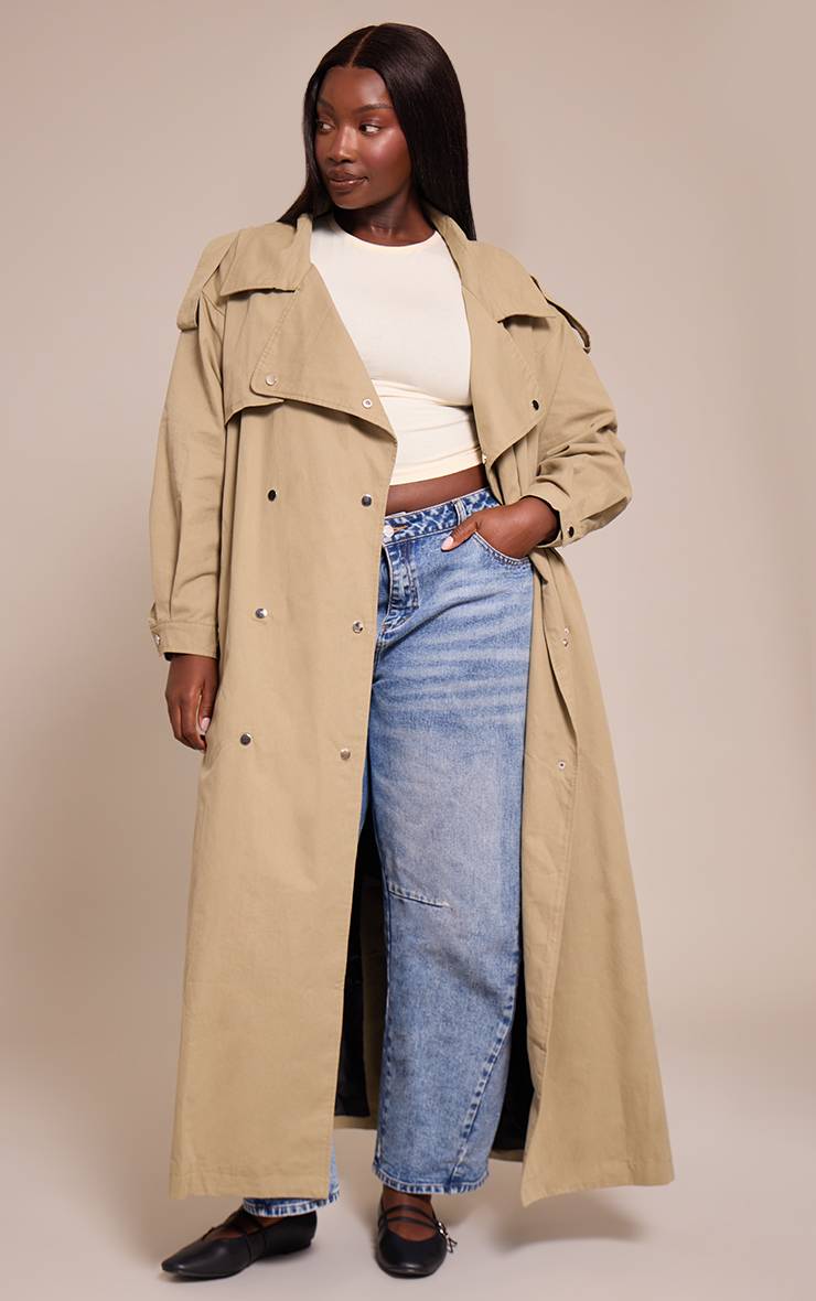 Kaki Clair Trench-coat Grande Taille Avec Détails À Pressions