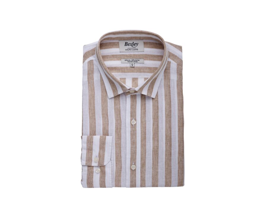 Chemise coton lin rayée Camel et Blanc - BRUNIEN