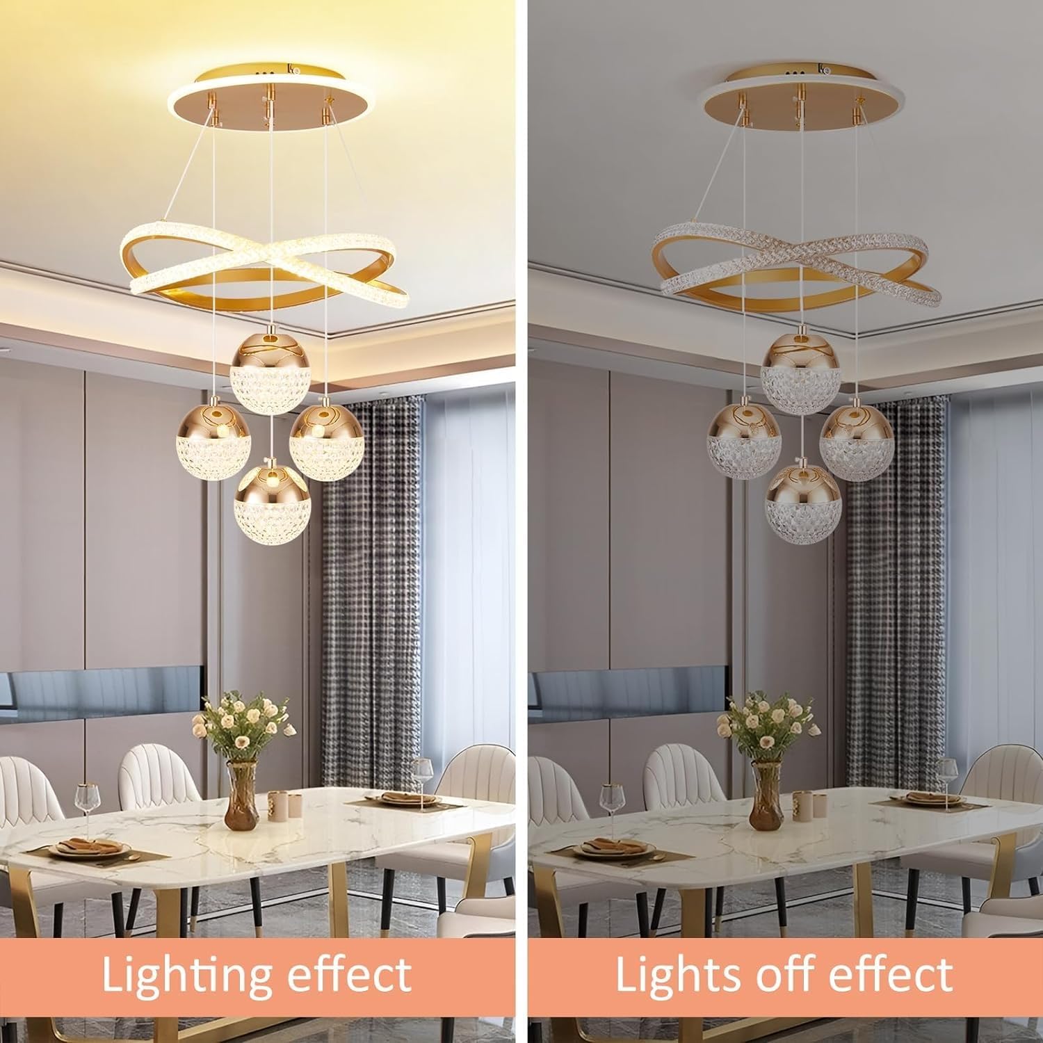 Gold Acryl Kronleuchter Ring Moderne Led Kristall Küche Insel Leuchte Decke Hängen 3 Ball Dimmbare Deckenleuchten Led Pendelleuchte mit Fernbedienung Studie Büro Pendelleuchte(Gold,Regular styl