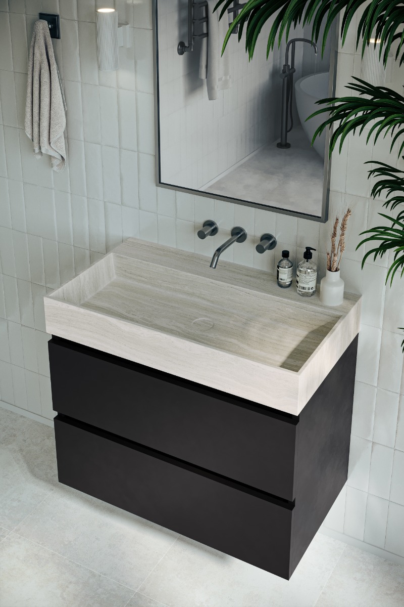 Saniclear White Travertin marmer wastafel 80x46cm zonder kraangat