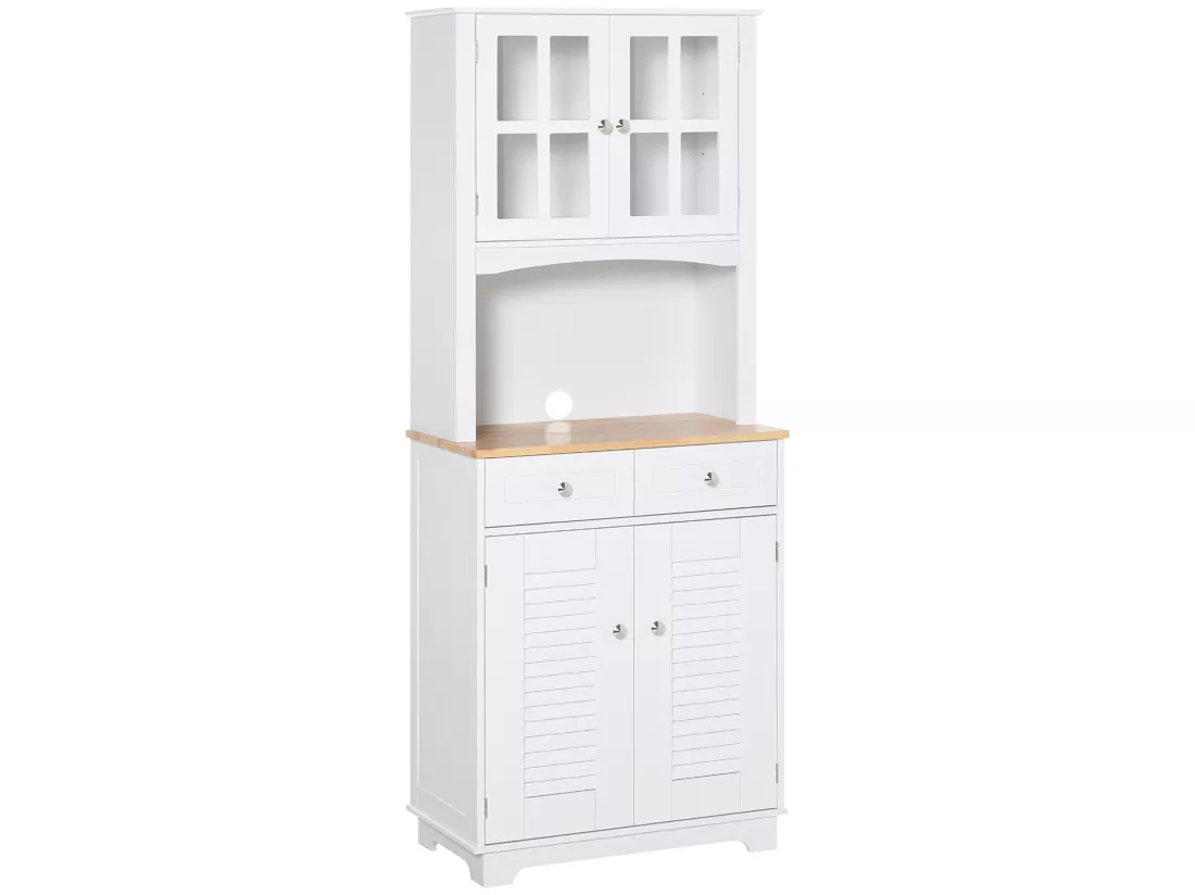 Armoire de cuisine 2 placards 2 portes persiennes et acryliques 2 tiroirs grande niche bois caoutchouc MDF blanc