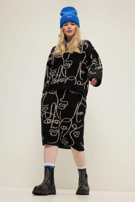Strickrock, Slim Shape, Midilänge, Face-Silhouetten, Elastikbund