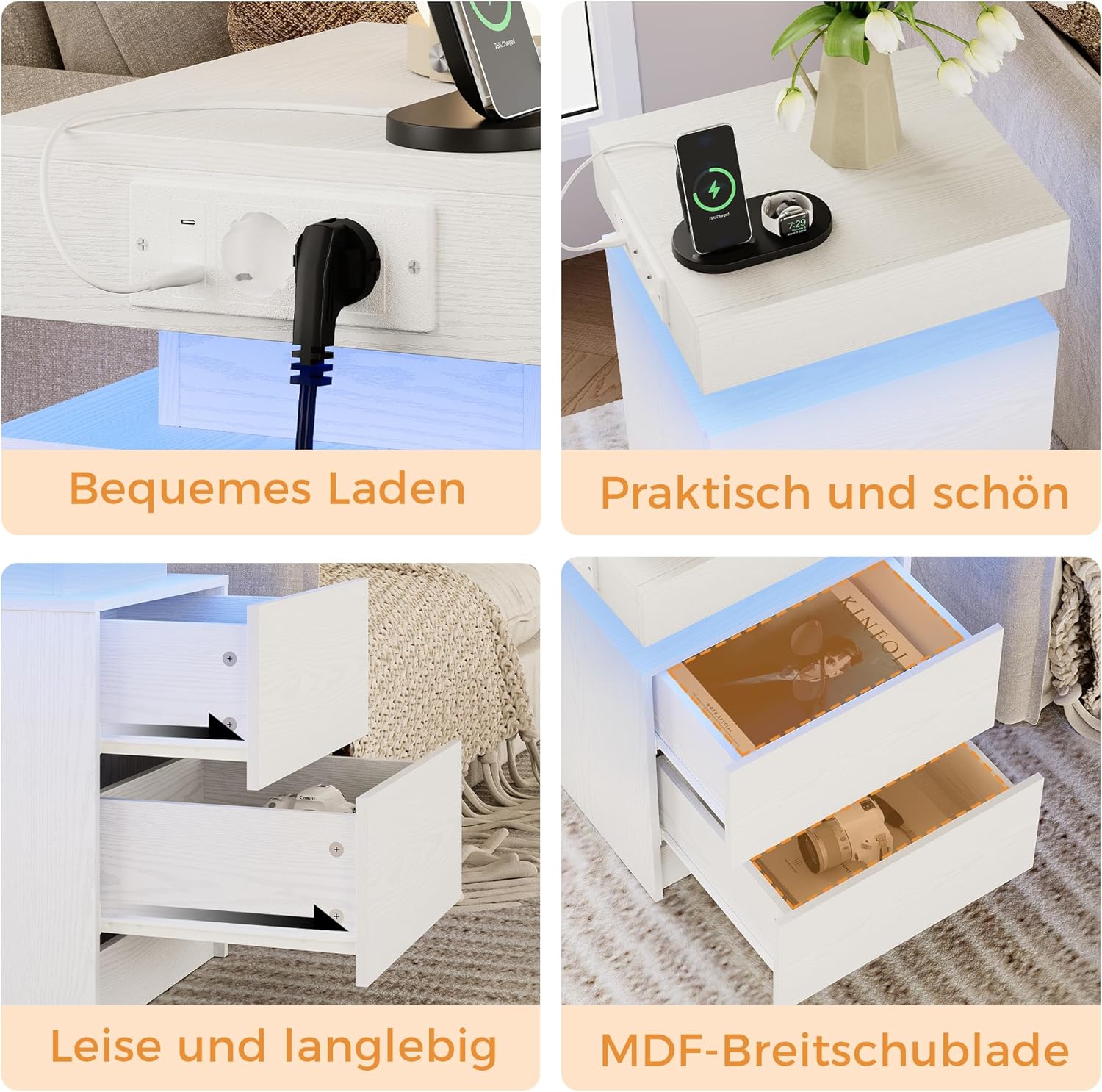IRONCK Nachttisch 2er Set mit LED-Lichtern & 2 AC-Steckdose, Beistelltisch mit USB+Typ-C Anschlussen, Nachtschrank mit 2 Schubladen, Sofatisch für Schlafzimmer, Wohnzimmer, Weiß