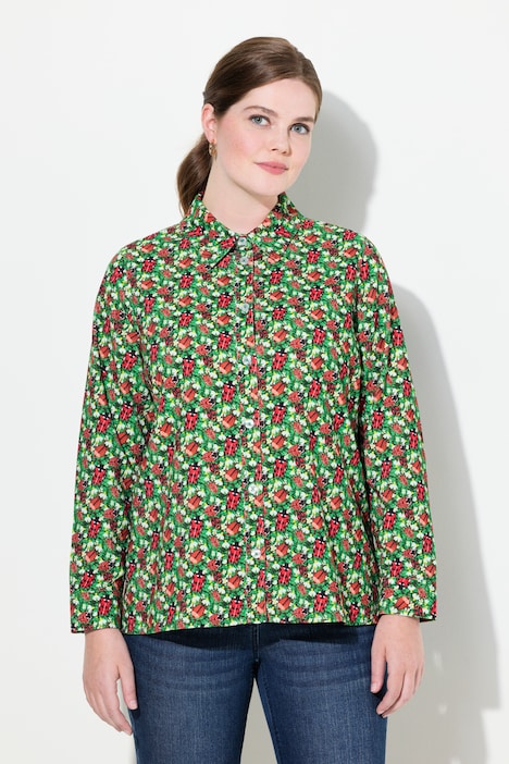 Cordbluse, floraler Druck, Hemdkragen, Langarm