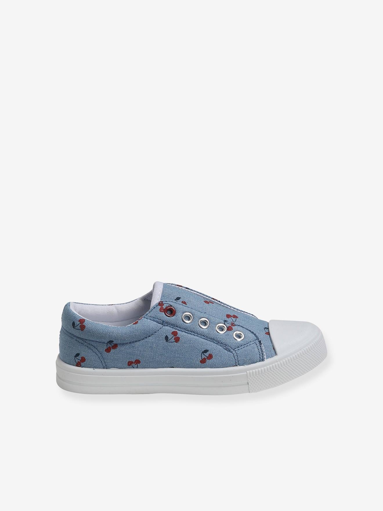 Tênis de tecido elástico para meninas, azul médio liso com estampas.