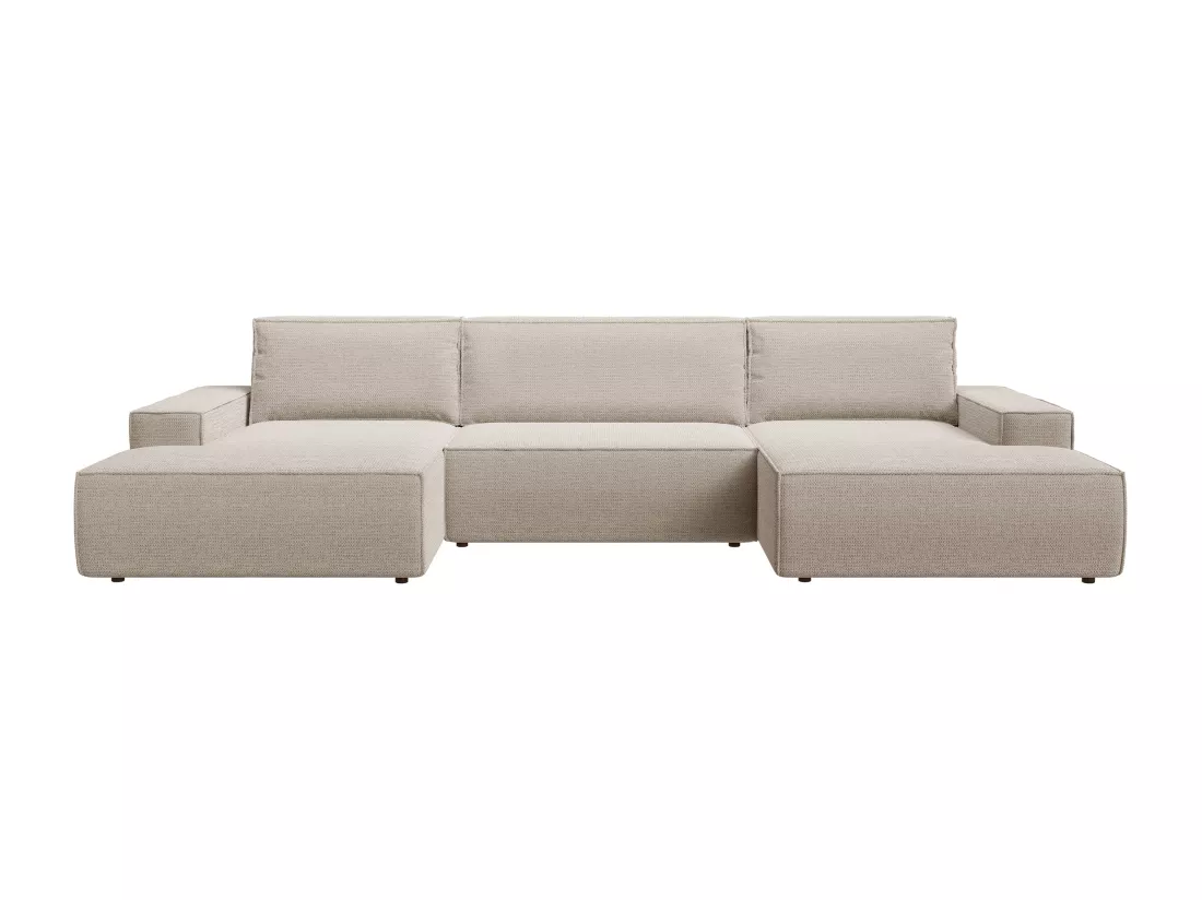 Grand canapé d'angle panoramique convertible en tissu texturé beige AMELIA