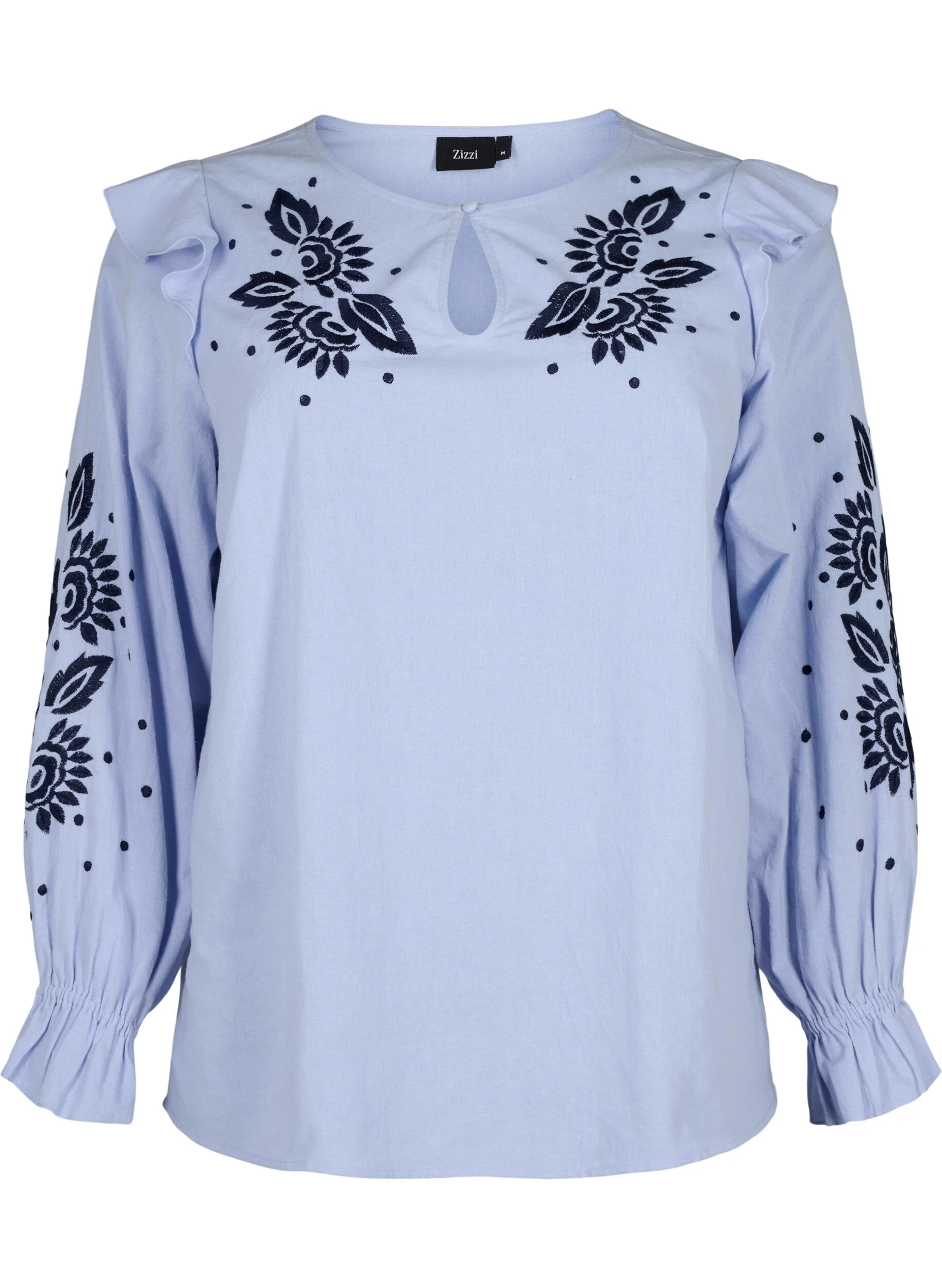 Bluse i bomuld med broderi og flæser