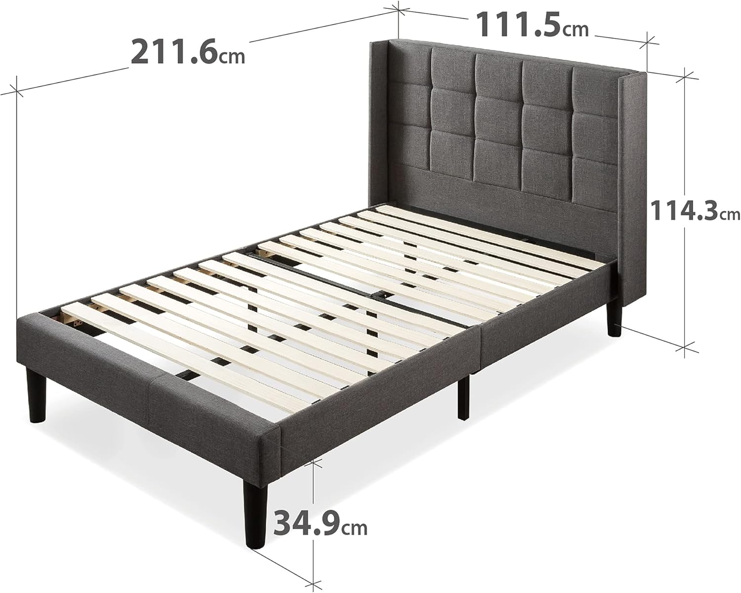 Zinus Dori 35 cm Gepolsterter Plattformbettrahmen mit Kopfteil mit Seitenteilen | Lattenrost | Holzlattenunterstützung | Einfache Montage | 100 x 200 cm | Dunkelgrau