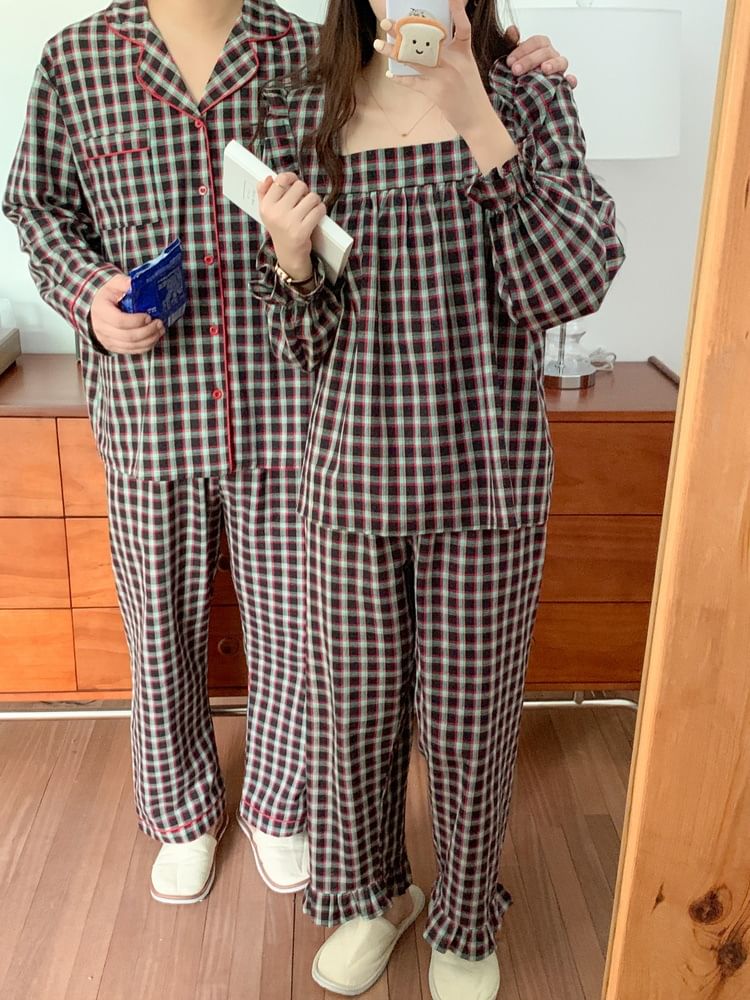 Tanee - Koppel bijpassende pyjamatop met pofmouwen en ruches, geruit, top, shirt, broek en set